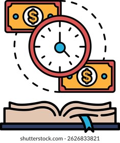 Um livro com um relógio e duas notas de dólar na capa. O relógio está mostrando o horário como 10:00