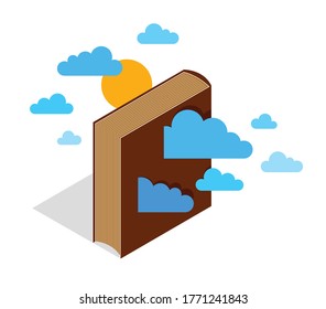 Book and clouds 3d isometric vector illustration isolated on white, fiction literature concept.