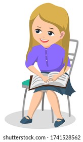 Book club after lessons for pupils. Schoolgirl sit on chair and read interesting textbook. Hobby reading stories, romances and novels. Back to school concept. Flat cartoon vector illustration