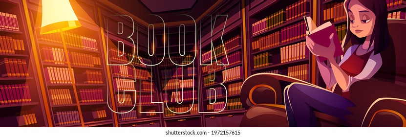 Book club cartoon banner, young woman reading in library at night time. Thoughtful girl in dark room with bookcases around. Online application or service for readers fun, vector header.