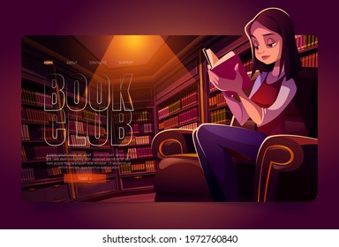 Book club cartoon landing page, young woman reading in library at night time. Thoughtful girl in dark room with bookcases around. Online application or service for readers fun, vector web banner.