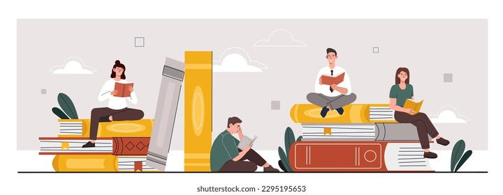 Book club concept. Men and women read. Love for literature, education and self development. Useful hobby and leisure. Back to school and livrary, homework. Cartoon flat vector illustration