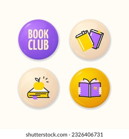 Book Club Concept Realistic Detailed 3d Different Badges Pin Button with Thin Lines Elements Set. Vector illustration