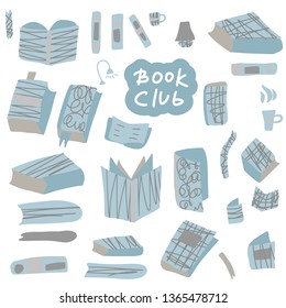Book club concept. Book set in flat style. Symbols of reading on white background. Vector illustration.