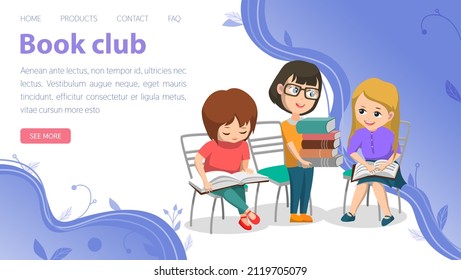 Book club concept of small people reading books. Vector landing page template with children in library. Boy and girl with common interest in knowledge and learning new things, fond of literature