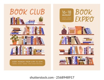 Book club, fair, festival, poster design. Education flyer with bookshelf, literature for reading. Library, bookstore, market promotion, advertising card template, placard. Flat vector illustration