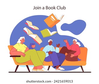 Book club gathering concept. Diverse group enjoys literary discussion. Floating books signify lively debate. Flat vector illustration.