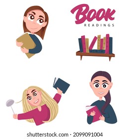 book club: girls readings books. Avatars and icons for school diary 