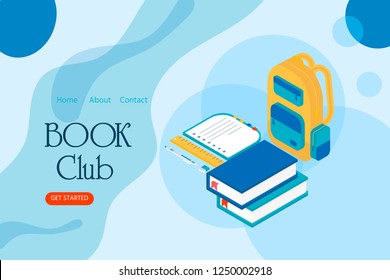 Book club inscription for invitation, promo , prints, flyer, cover and posters. Isometric book for training courses, tutorials, lectures, teaching, language learning, university studies.