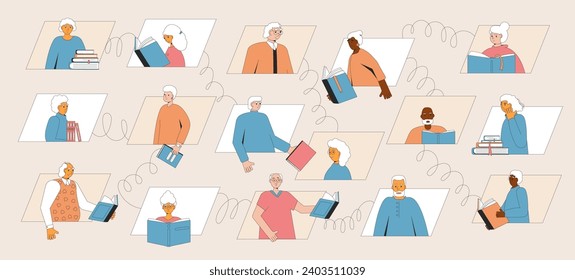 Book club online community for senior citizens. Elderly people reading together. Older adults friends happy retirement leisure and social activity. Vector flat illustration.