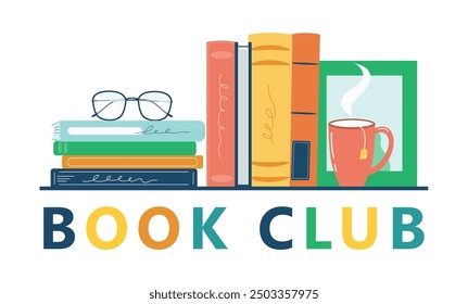 Diseño de póster de club de lectura. Una pila de libros.  Se puede utilizar en volantes, carteles y otros Materiales promocionales relacionados con intercambios de libros y reuniones literarias.

