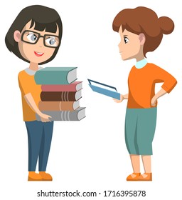 Book club for pupils after lessons. Schoolgirl standing near teacher woman. Girl with five books in hands. Hobby reading interesting stories. Back to school concept. Flat cartoon vector illustration