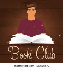Book club. Reading club. Open book with mystic bright light. Vector illustration.