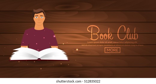 Book club. Reading club. Open book with mystic bright light. Vector illustration.