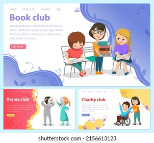 Book club of small people reading books. Vector landing page template with children in library. Boy and girl with common interest in knowledge and learning new things, fond of literature. Drama club