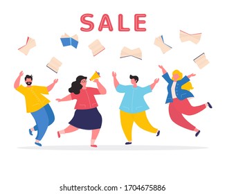 Book Club, Book Store. Banner. Sale.  People And  Flying Books. Colorful Vector Illustration For Literary Or Festival, Advertising, Event Promoters.