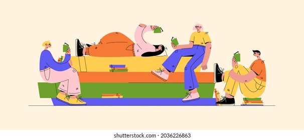 Book club with trendy people reading. Men and women studing books sit and lie on huge stack of books. Vector flat cartoon illustration. Knowledge and education concept for landing page, banners