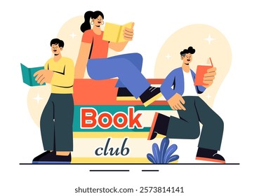 Book Club Vector Illustration featuring a Group of Men and Women Reading Together, Sharing Literature, and Fostering Education and Self-Development