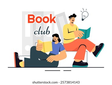 Book Club Vector Illustration featuring a Group of Men and Women Reading Together, Sharing Literature, and Fostering Education and Self-Development