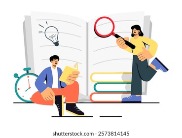 Book Club Vector Illustration featuring a Group of Men and Women Reading Together, Sharing Literature, and Fostering Education and Self-Development