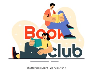 Book Club Vector Illustration featuring a Group of Men and Women Reading Together, Sharing Literature, and Fostering Education and Self-Development