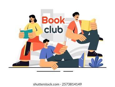 Book Club Vector Illustration featuring a Group of Men and Women Reading Together, Sharing Literature, and Fostering Education and Self-Development