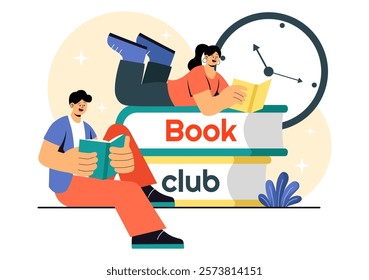 Book Club Vector Illustration featuring a Group of Men and Women Reading Together, Sharing Literature, and Fostering Education and Self-Development