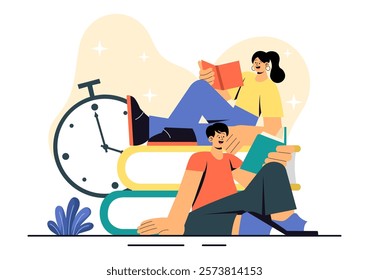 Book Club Vector Illustration featuring a Group of Men and Women Reading Together, Sharing Literature, and Fostering Education and Self-Development