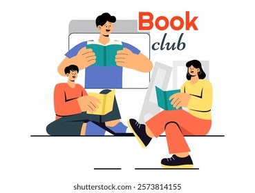 Book Club Vector Illustration featuring a Group of Men and Women Reading Together, Sharing Literature, and Fostering Education and Self-Development