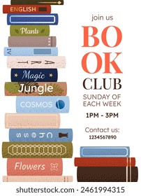 Book club vertical poster for advertising, promo, invitation, sale. Stacks of various books, plant. Vector banner on white background. Education concept. World book day, Book fair or festival.