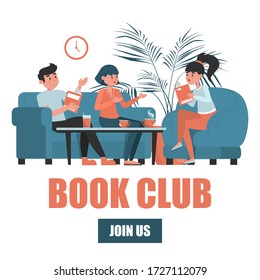 El concepto de banner web del club de libros. Grupo de personas sentadas en el café y discutiendo un libro vector ilustración aislada. Mujer y hombre sosteniendo libros y leyendo.