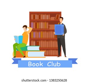 Book Club Web Banner Vector Template With Text. Internet Bookstore Poster. Literature Lesson, Exam Preparation. Librarian and Teenager Student Cartoon Characters. Pupil Reading Book