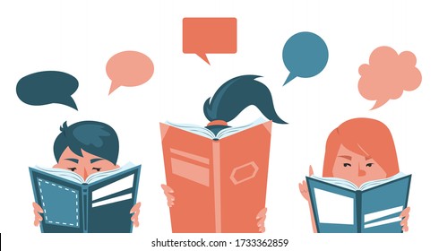 Vector de banner web del club de libros aislado. Grupo de personas leyendo libros, educación y comunicación. Lean libros juntos. Diseño de afiches.