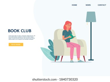 Book club website banner interface with woman reading a book at home, flat vector illustration. Literature club landing page with reader or book lover personage.