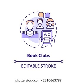 Book clubs concept icon. Discussion group. Public library. Community meeting. Social interaction. Reading book abstract idea thin line illustration. Isolated outline drawing. Editable stroke