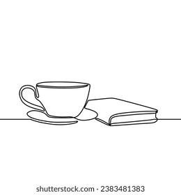 Book with coffee in continuous one line drawing. Reading and relaxing concept. Vector illustration isolated. Minimalist design handdrawn.