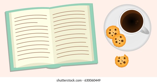 Book with coffee and cookies vector illustration