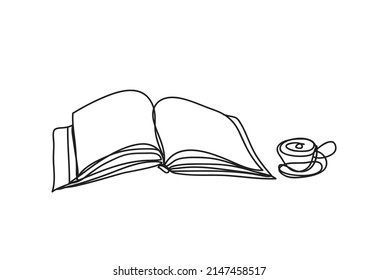Taza de libros y café, dibujo continuo de líneas, diseño vectorial