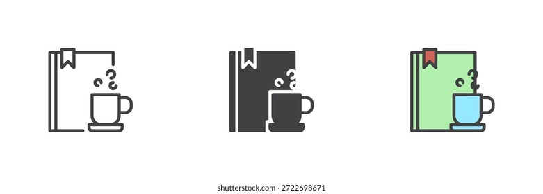 Libro y taza de café de diferentes iconos de estilo para lectura acogedora. Línea, sólido y llenado Vector de color de contorno signo y símbolo. Paquete de iconos de estilo de vida para descansos de estudio e imágenes de iconos de libros.