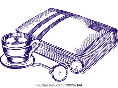 book, coffee cup, glasses, sketch