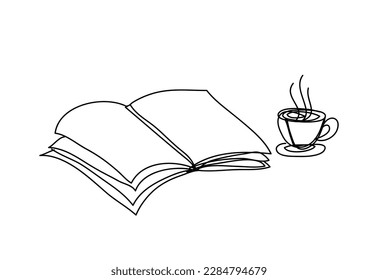 taza de libro y café , estilo de dibujo de línea, ilustración continua de vector de una línea