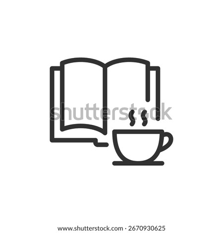 Book with coffee cup, linear icon. Cozy reading and coffee moment. Line with editable stroke.