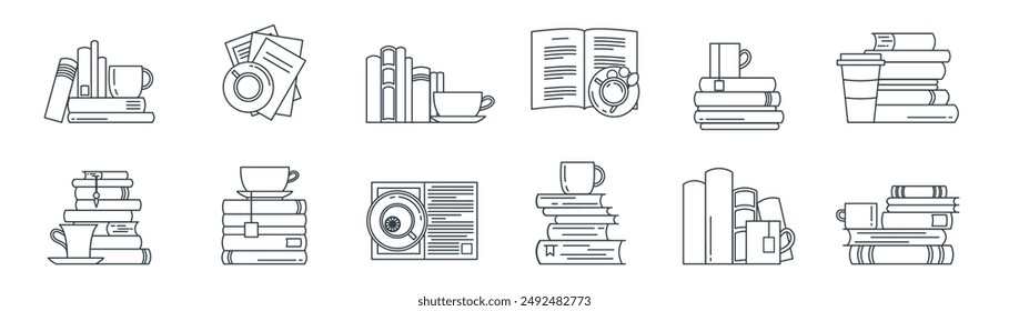 Book and coffee line icon set. Book piles, coffee mugs and cups. 