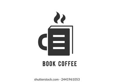 Book coffee logo vector design illustration. Abstract business brand concept with book cup, text sign. Isolated on white background.