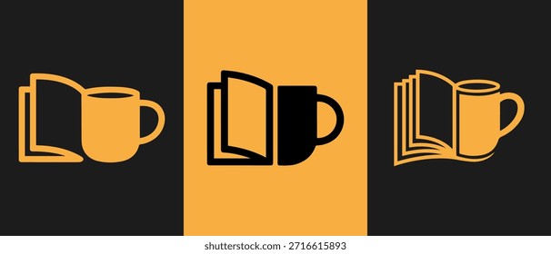 Book and coffee mug icon set showing three variations on a dark and yellow background