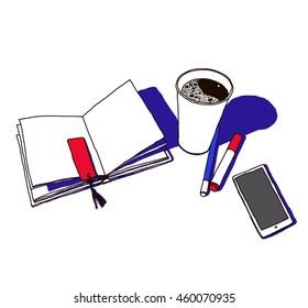The book, coffee, pen and smartphone. Top view. Vector hand-drawn sketch.