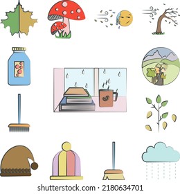 Book coffee and rain colored hand drawn icon in a collection with other items