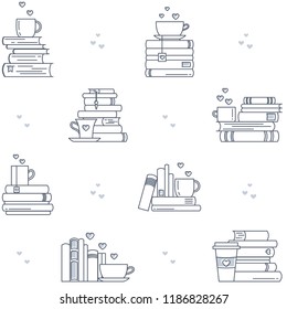 Book and coffee seamless pattern for school fairs, markets, clubs, bookstores and cafe. Hearts and cups of coffee or tea by folio stacks and piles. Vector illustration, flat line style.