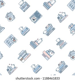 Book and coffee seamless pattern for school fairs, markets, clubs, bookstores and cafe. Hearts and cups of coffee or tea by folio stacks and piles. Vector illustration, flat line style.