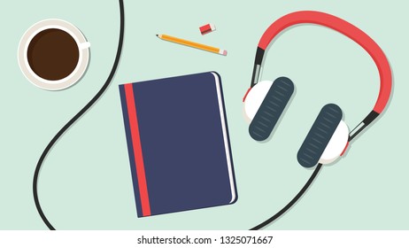 book and coffee vector. pencil vector. wallpaper. free space for text. Eraser vector. Earphone vector.